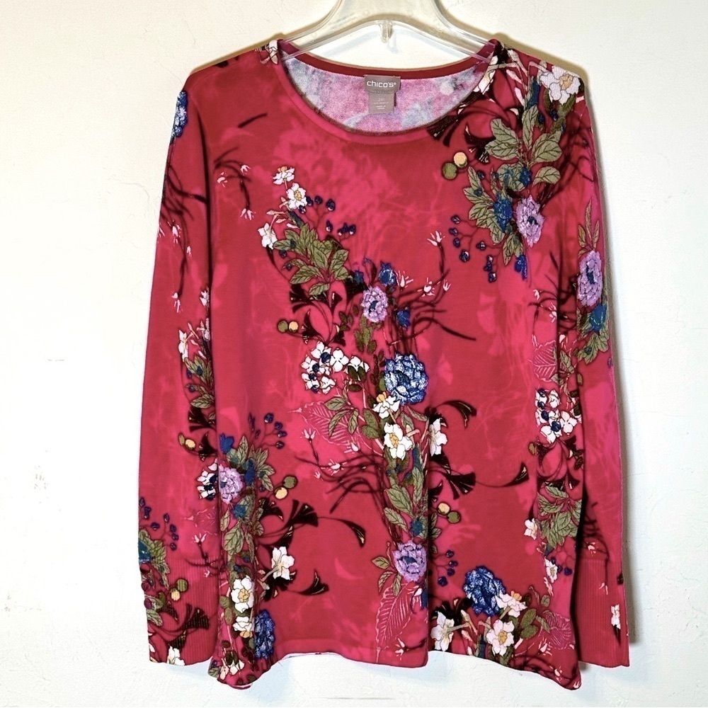Chico's Pink Floral Long Sleeve Spring Sweater Sz 2P (Medium Petite)